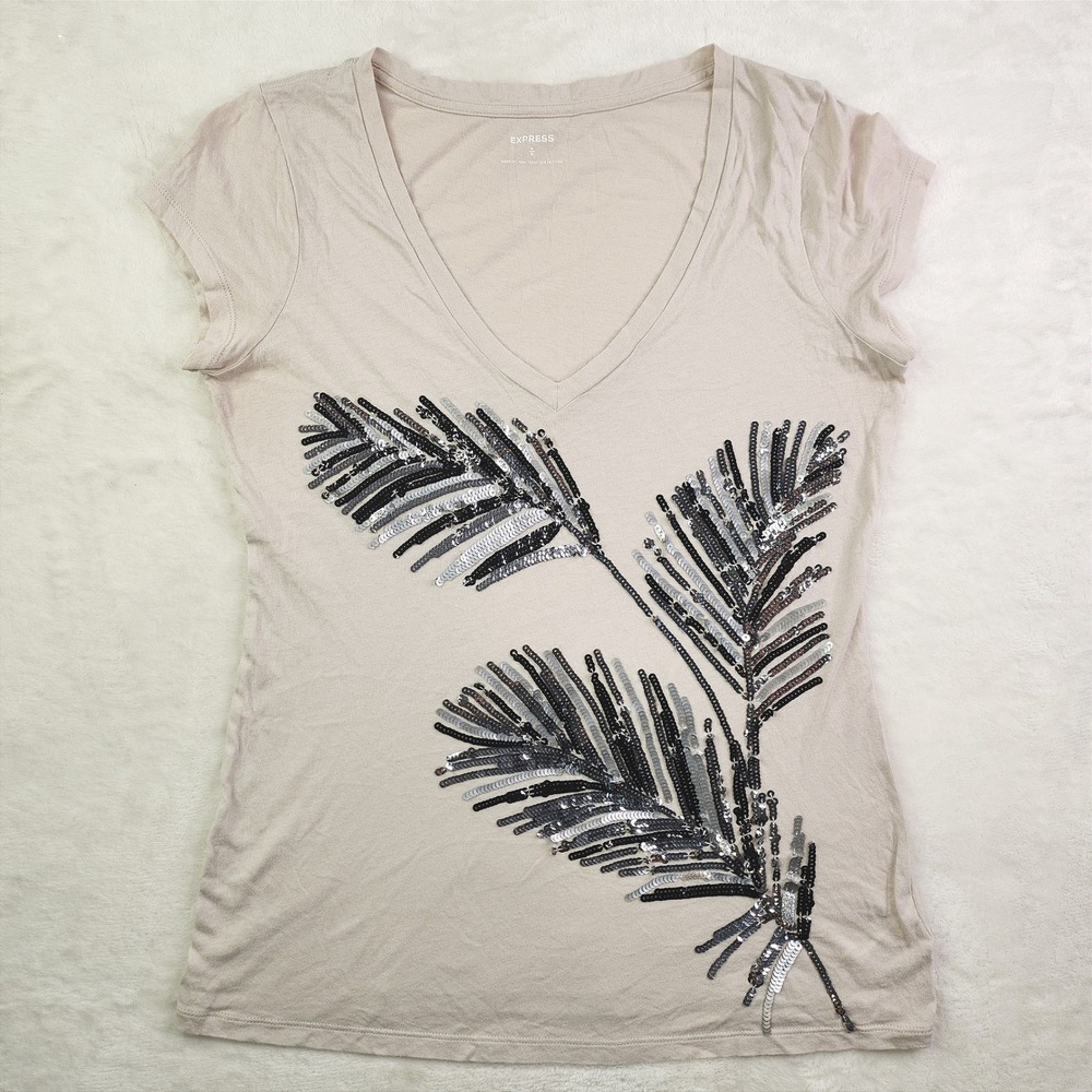 Vintage Y2k Sequin Sparkly Palm Leaf Tee Womens Medium Beige Boho Hawaiian